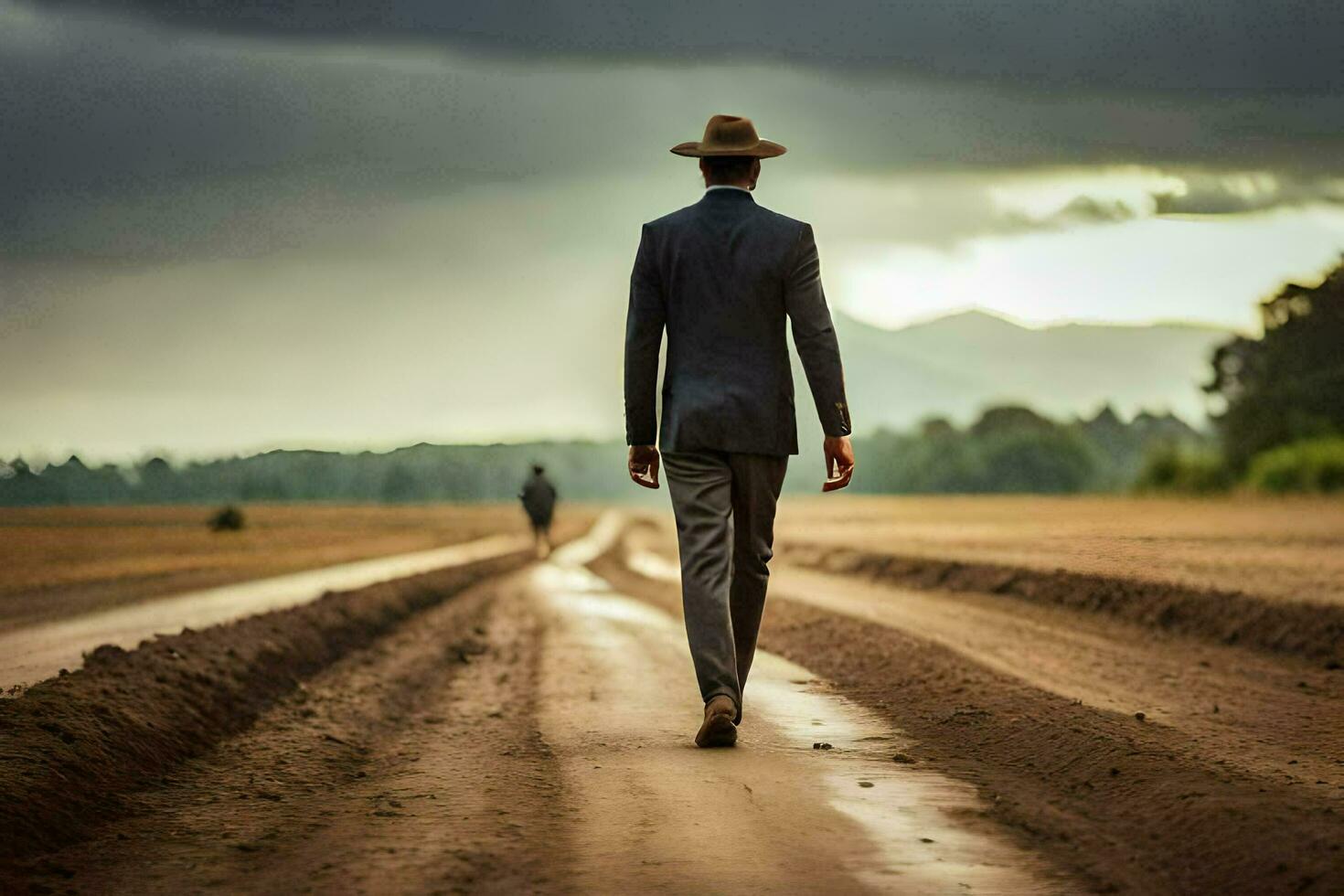 a man in a suit and hat walking down a dirt road. AI-Generated photo