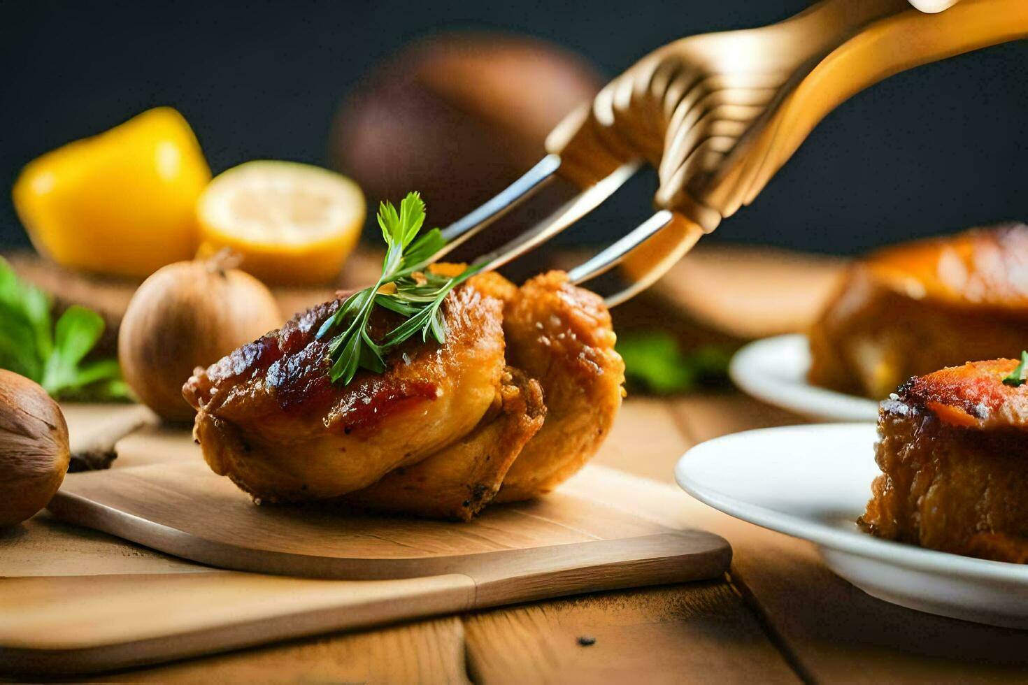 a fork is being used to cut into a piece of meat. AI-Generated photo