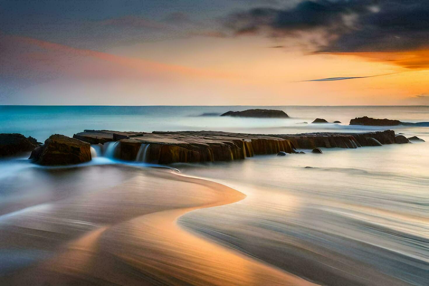 a long exposure photograph of the ocean at sunset. AI-Generated photo