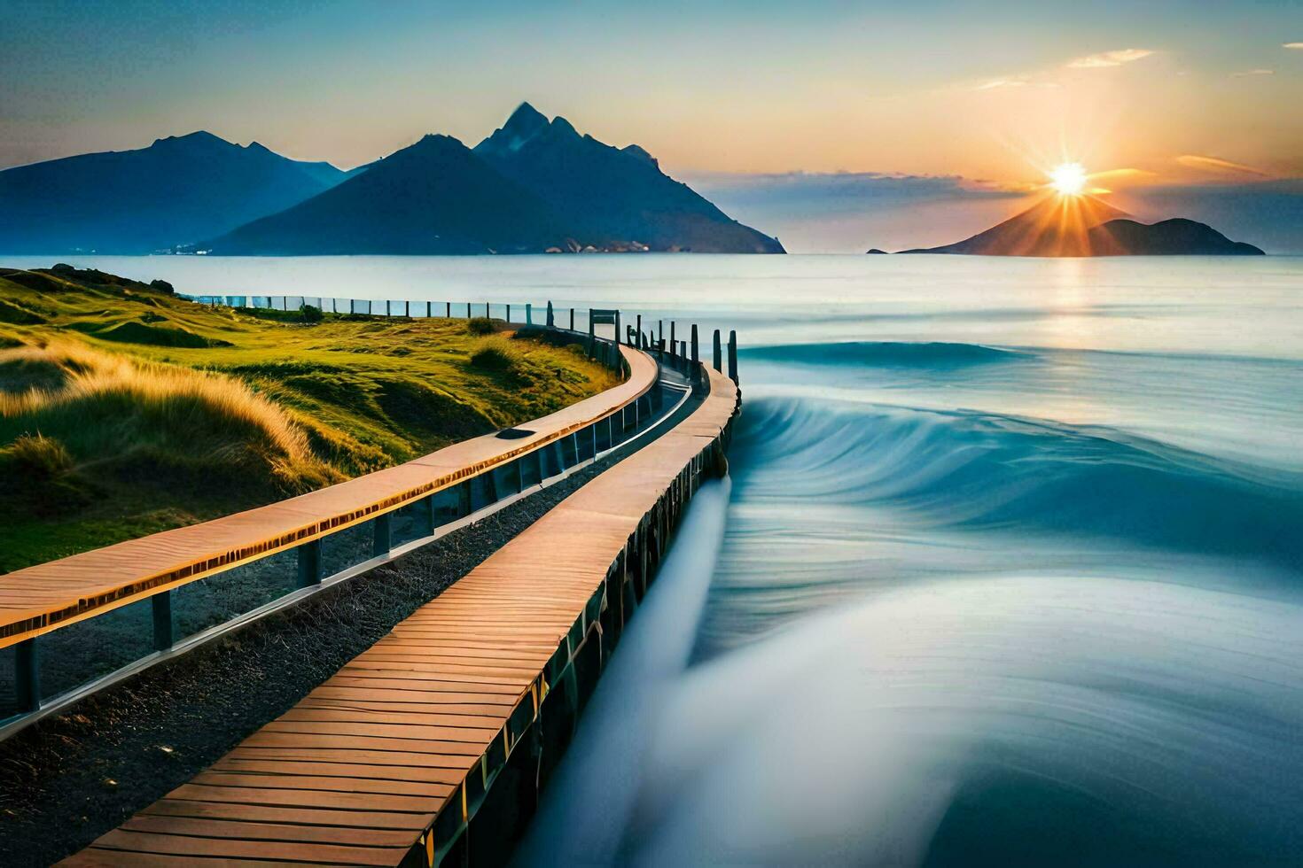 the sun rises over the ocean and a wooden boardwalk. AI-Generated photo