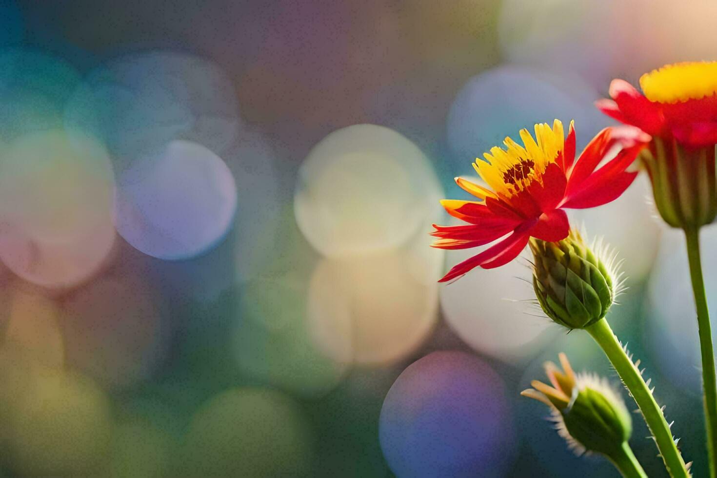 two red flowers are in front of a bright background. AI-Generated photo