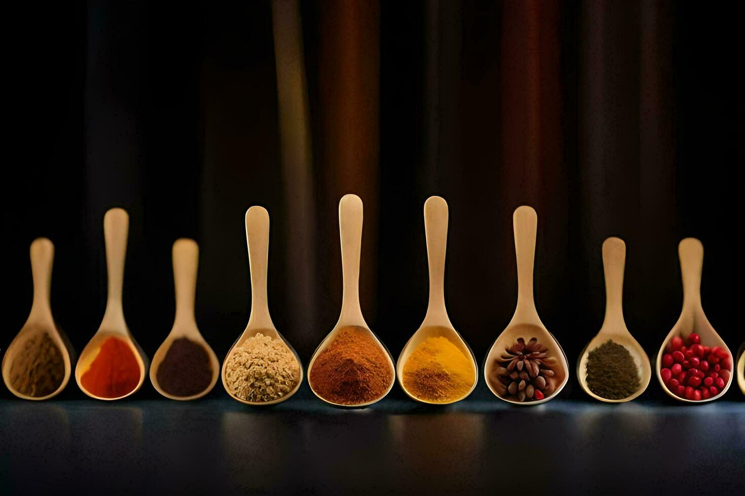 spoons with different types of spices in them. AI-Generated photo