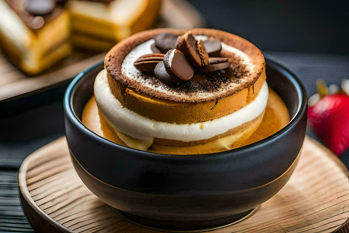 a dessert in a black bowl with strawberries. AI-Generated photo