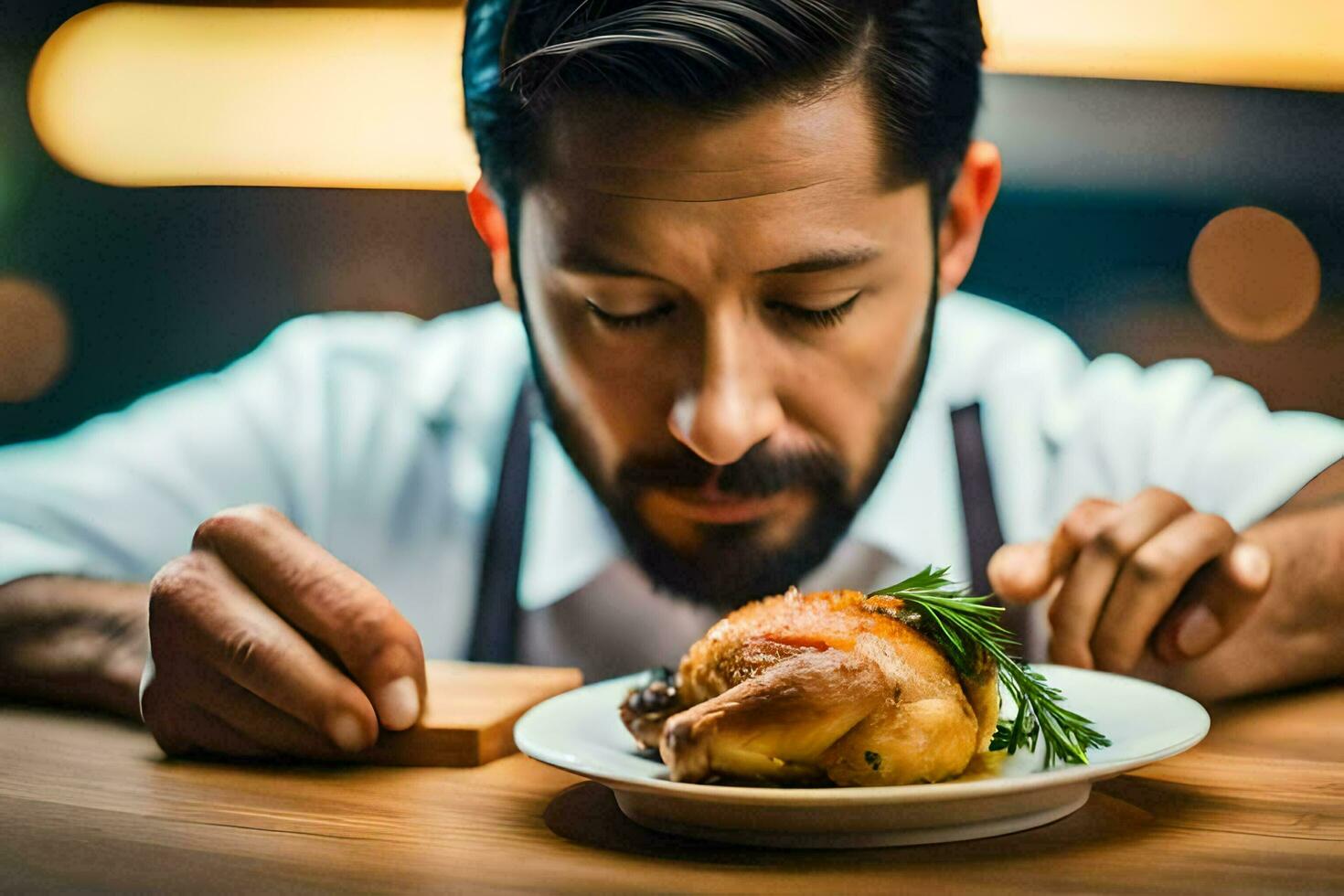a man with a beard and a white shirt is eating a chicken on a plate. AI-Generated photo