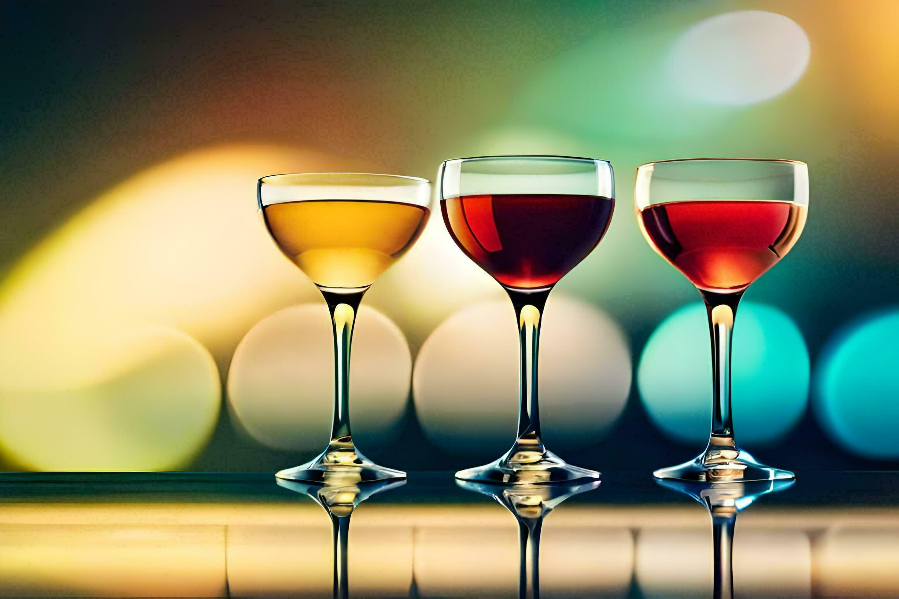 three glasses of wine on a table with blurred background. AIGenerated 30304864 Stock Photo at