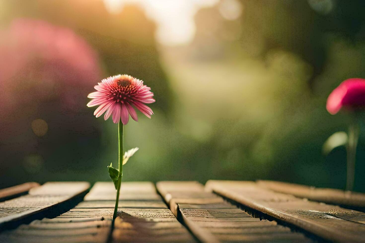 a pink flower is standing on a wooden table. AI-Generated photo