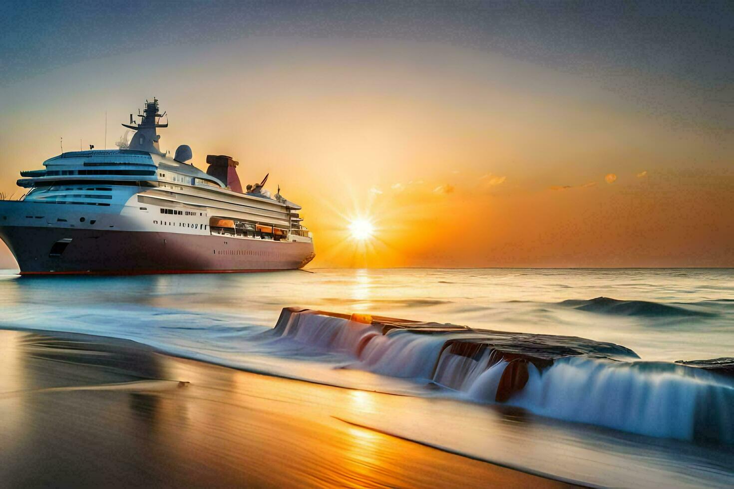 a cruise ship in the ocean at sunset. AI-Generated photo