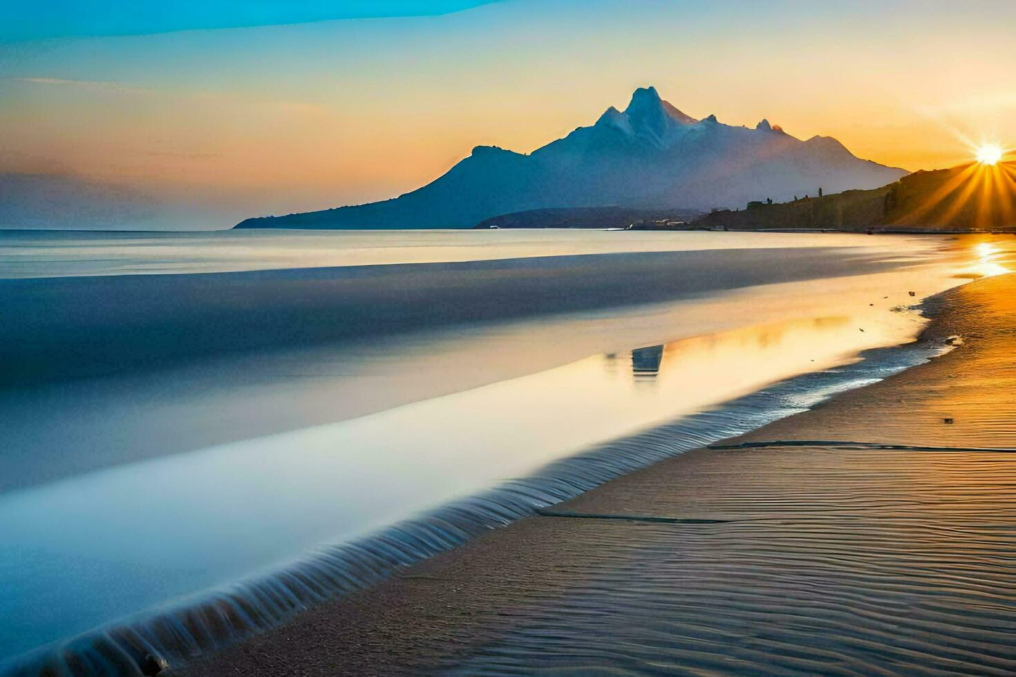 the sun sets over a mountain range and a beach. AI-Generated photo