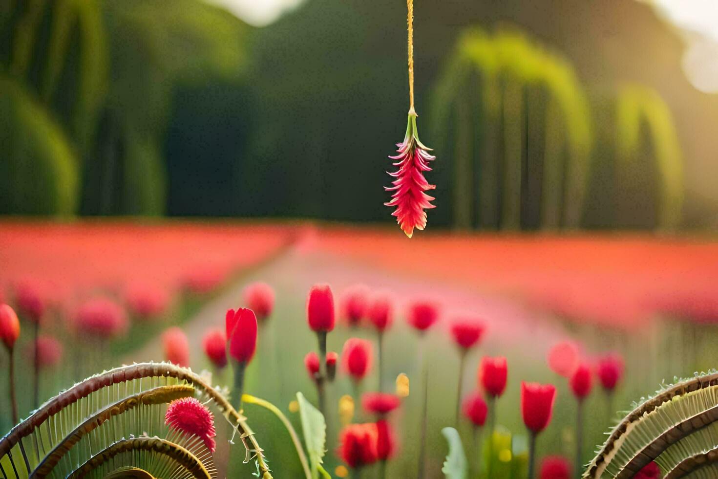 a red flower hanging from a vine in a field. AI-Generated photo