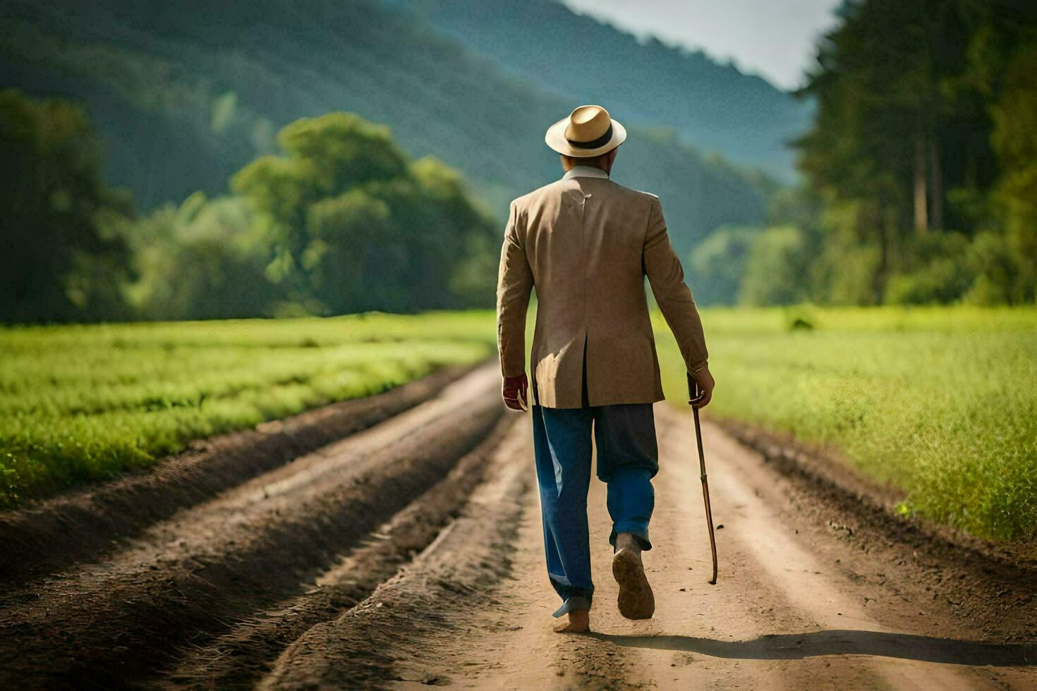 a man walking down a dirt road with a cane. AI-Generated photo