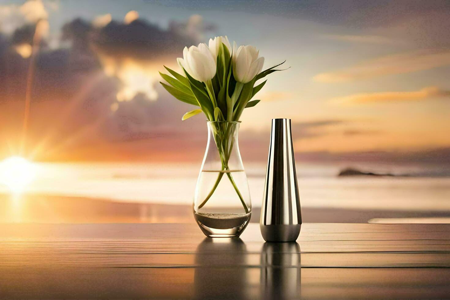 flowers in a vase on a table with a sunset. AI-Generated photo