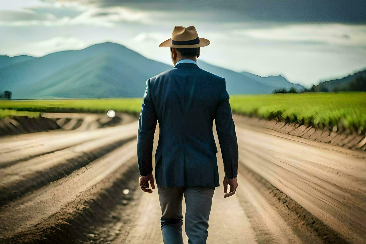 a man in a suit and hat walking down a dirt road. AI-Generated photo