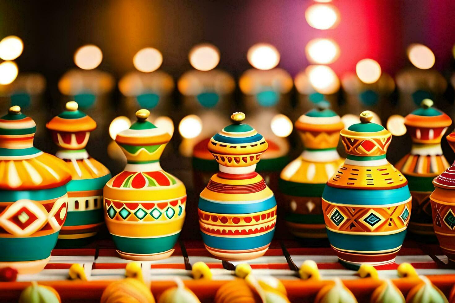 colorful vases are arranged on a table. AI-Generated photo