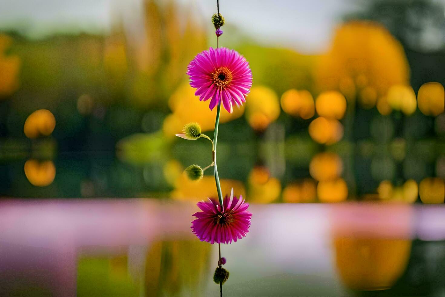 a pink flower is reflected in the water. AI-Generated photo