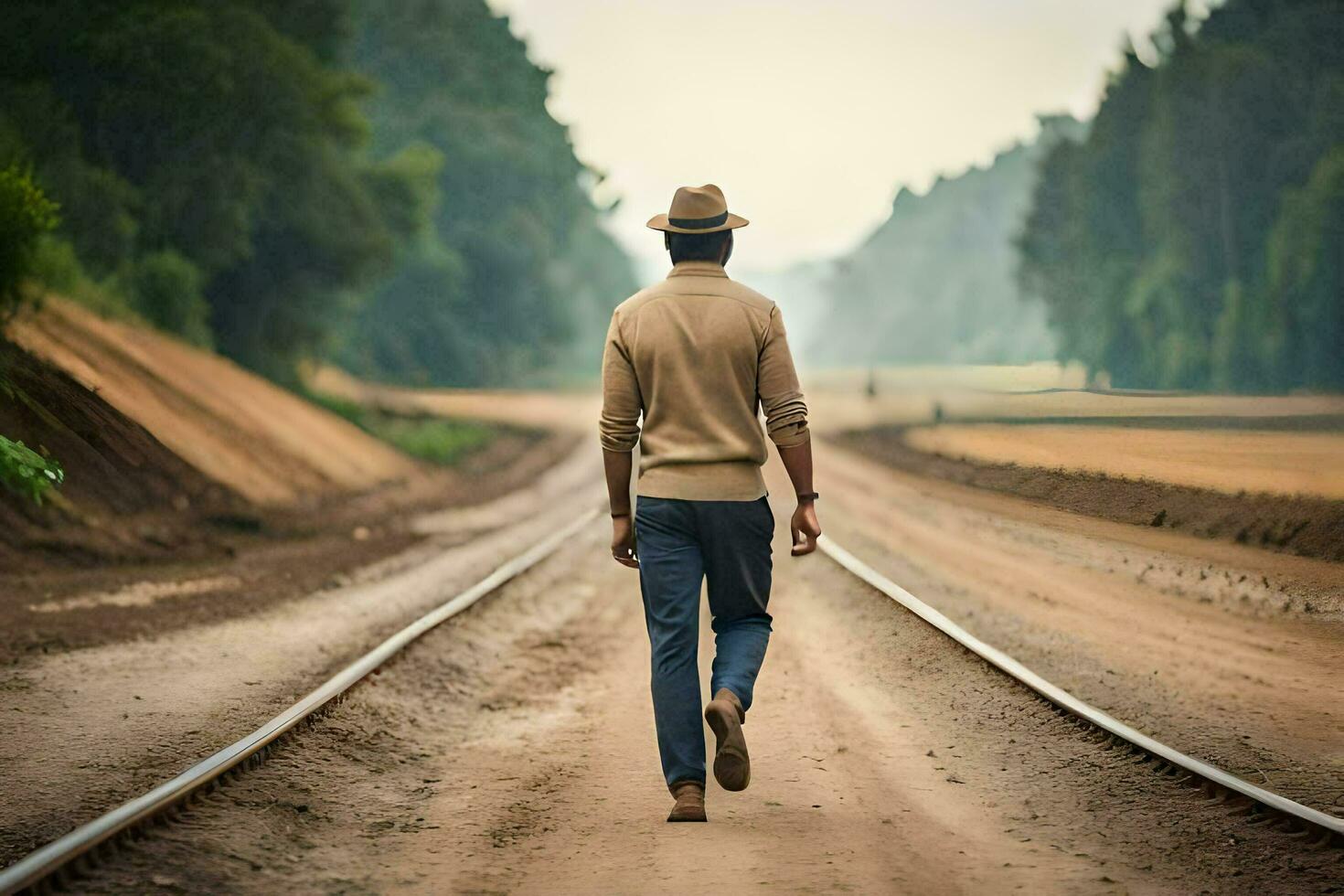 a man walking on a train track. AI-Generated photo