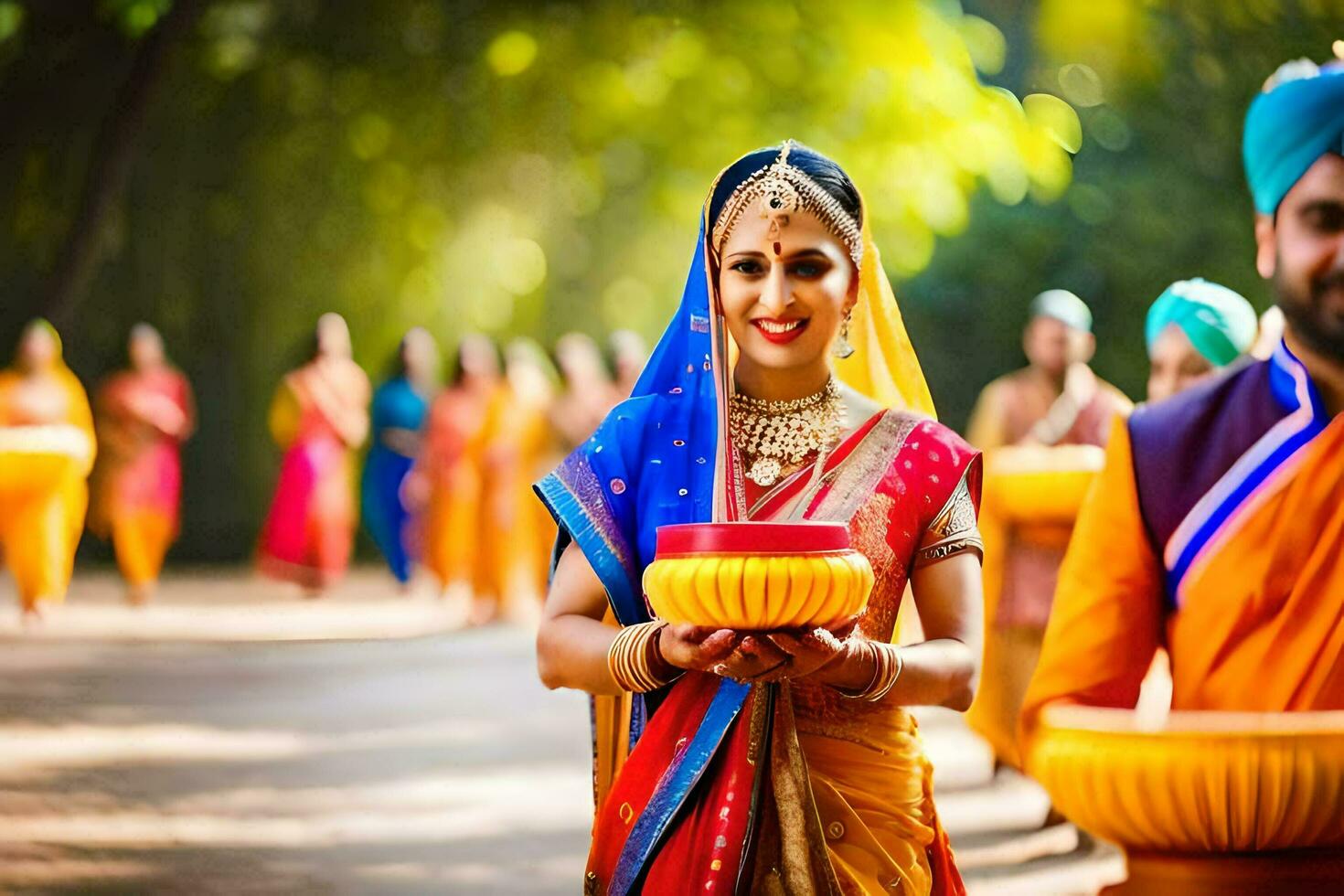 a woman in traditional indian dress holding a bowl. AI-Generated photo