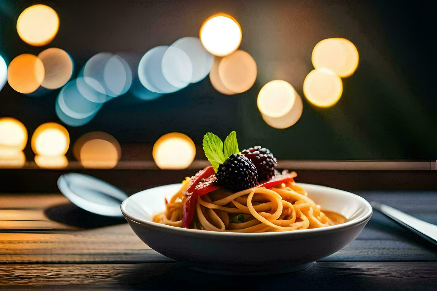 a plate of pasta with berries and a fork on a wooden table. AI-Generated photo