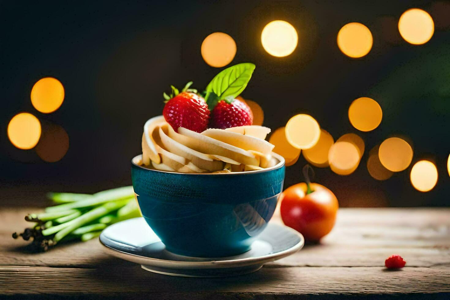 pasta with strawberries and basil on a wooden table. AI-Generated photo