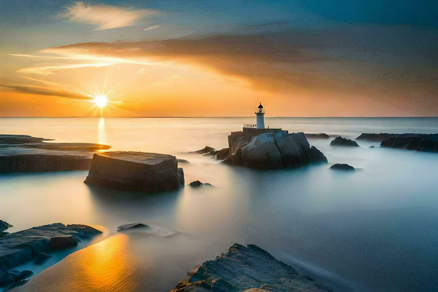 a lighthouse sits on the rocks at sunset. AI-Generated photo