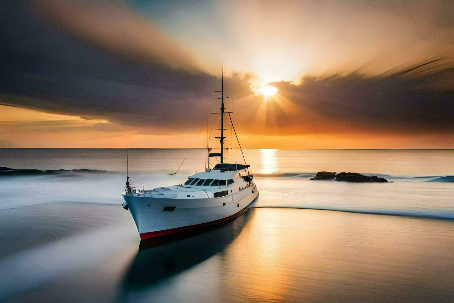 a boat is docked at the beach during sunset. AI-Generated photo