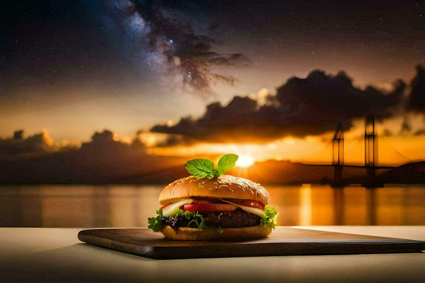 a hamburger on a wooden board with a sunset in the background. AI-Generated photo