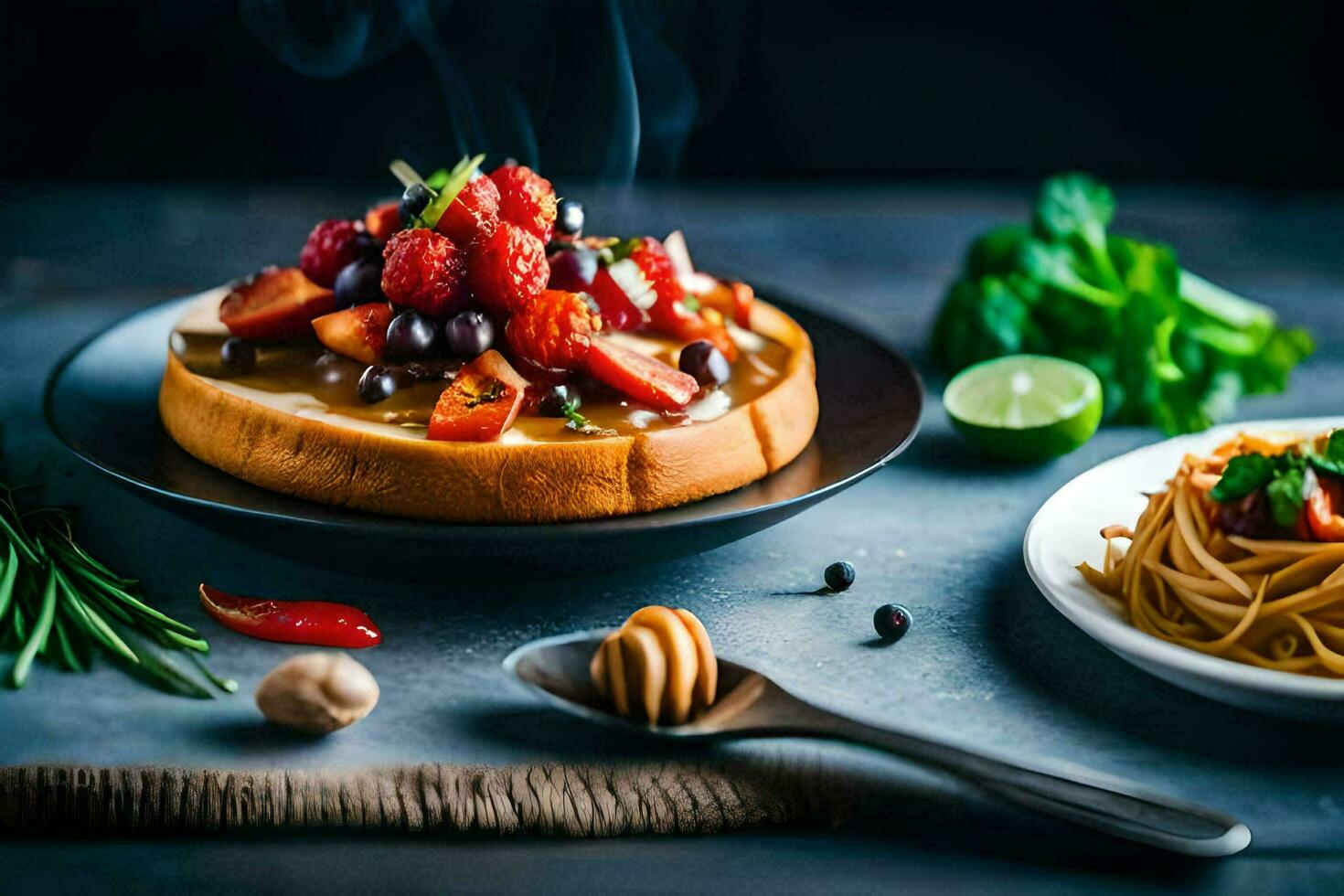 the food is served on a plate with a spoon and a fork. AI-Generated photo