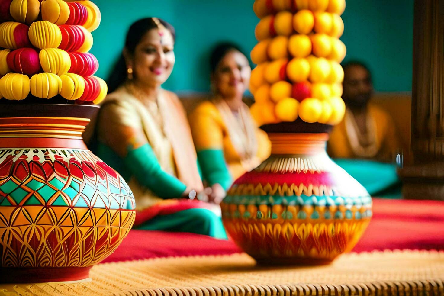a woman sitting in front of a colorful vase. AI-Generated photo