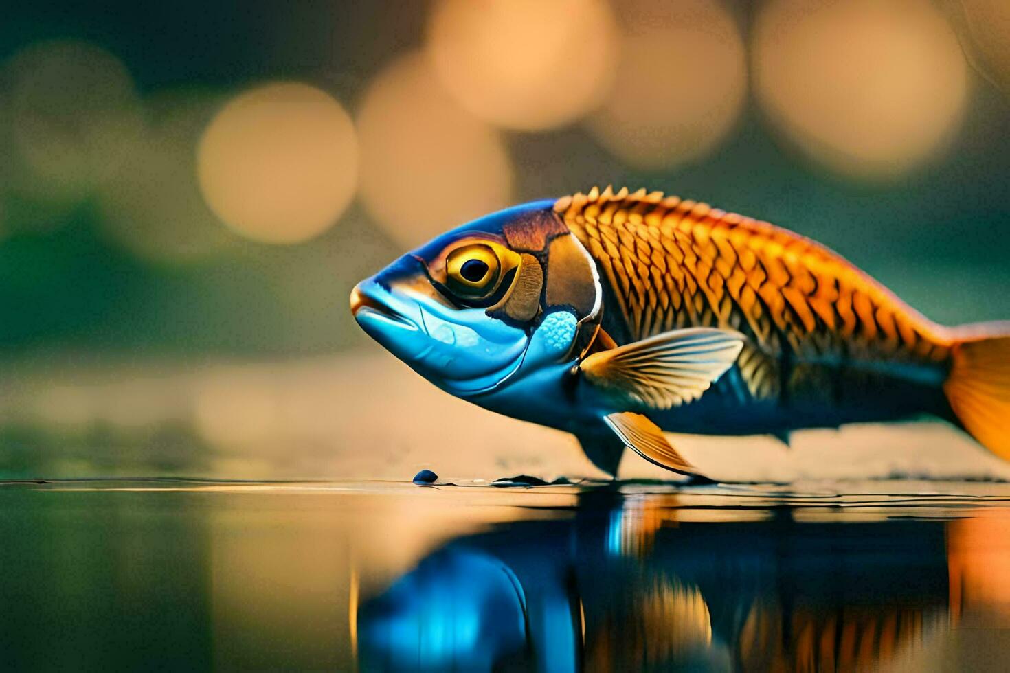 a fish is standing on the water with a reflection. AI-Generated photo