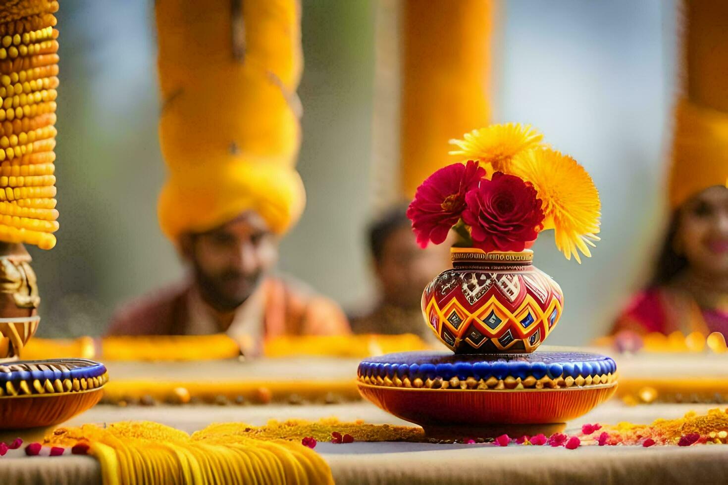 a table with colorful flowers and a man in a turban. AI-Generated photo