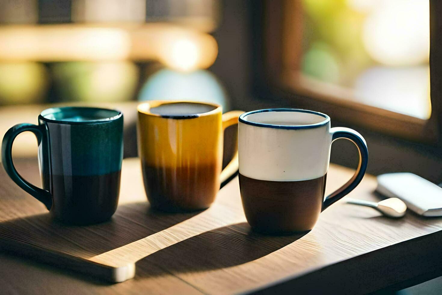 three coffee mugs sitting on a table. AI-Generated photo