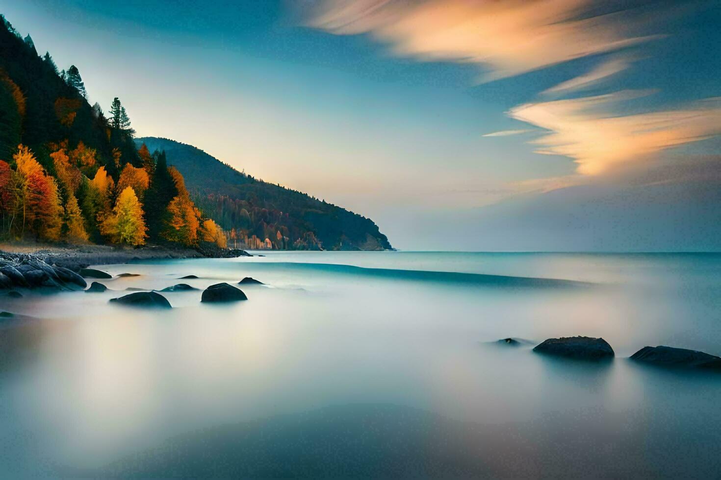a long exposure photograph of a beach and trees. AI-Generated photo