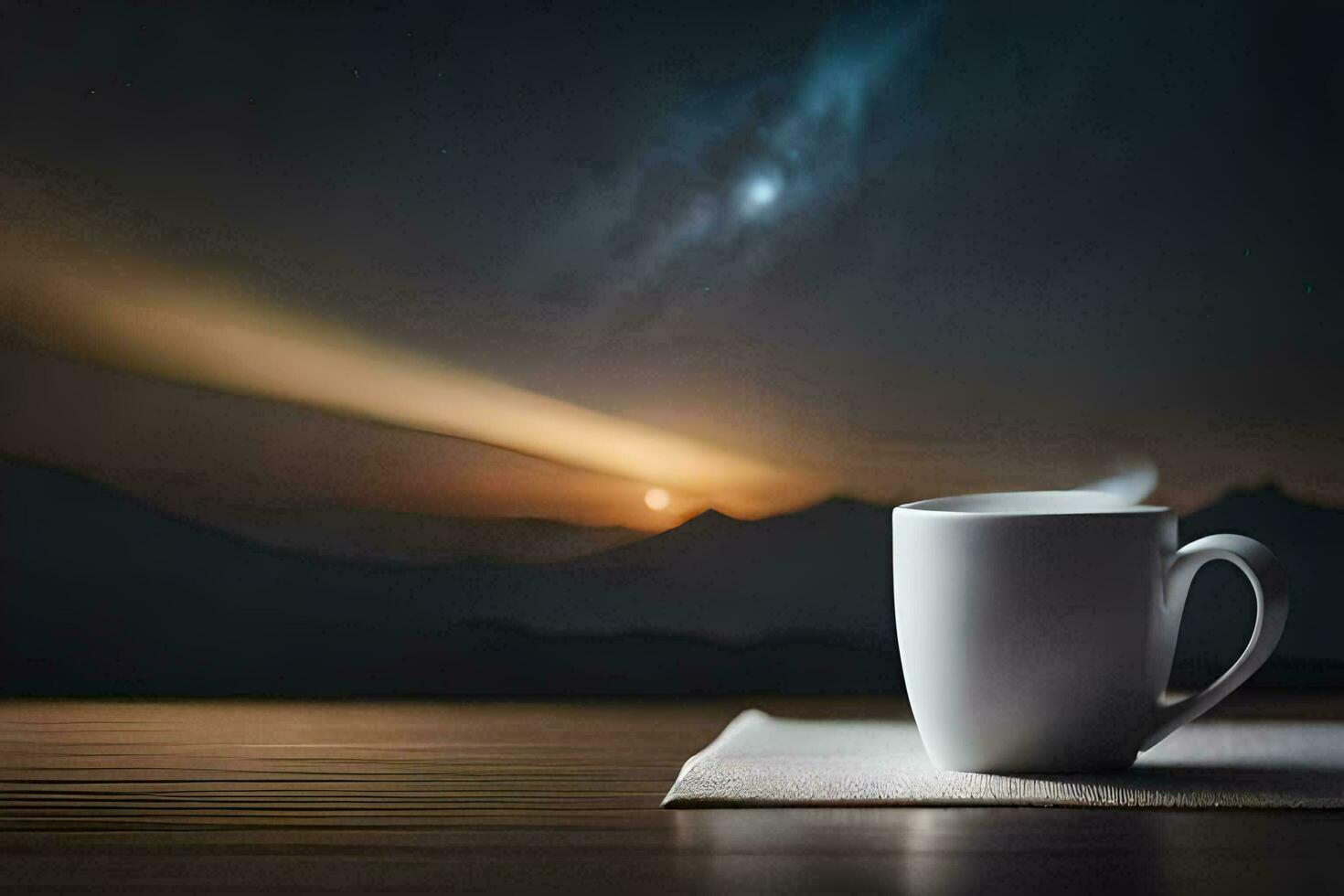 a cup of coffee on a table with a mountain in the background. AI-Generated photo