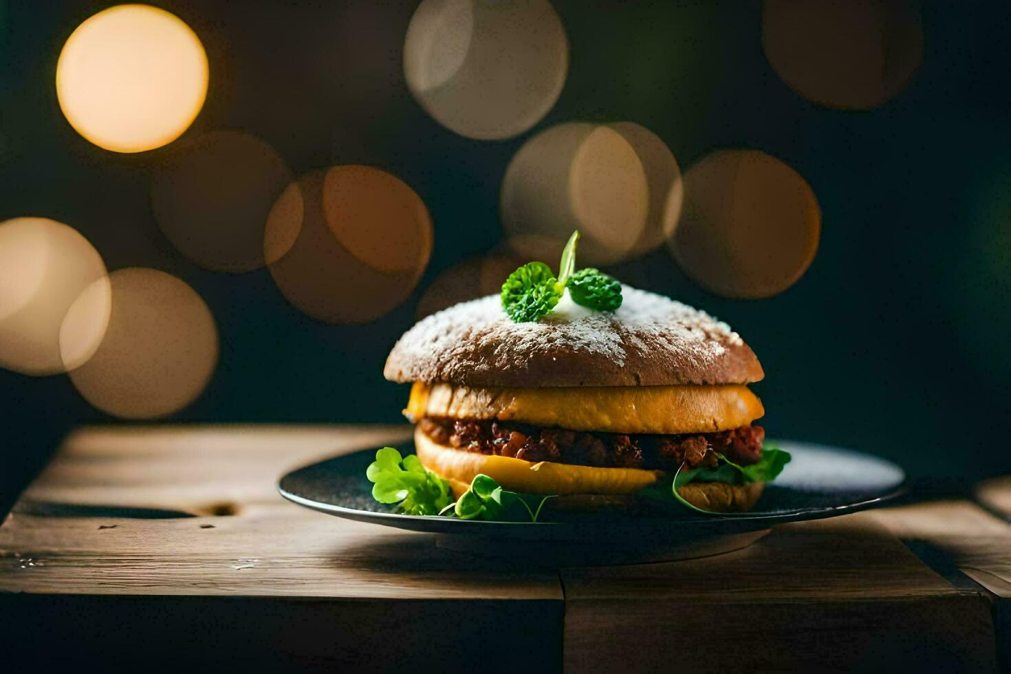 a hamburger on a plate with a green leaf. AI-Generated photo