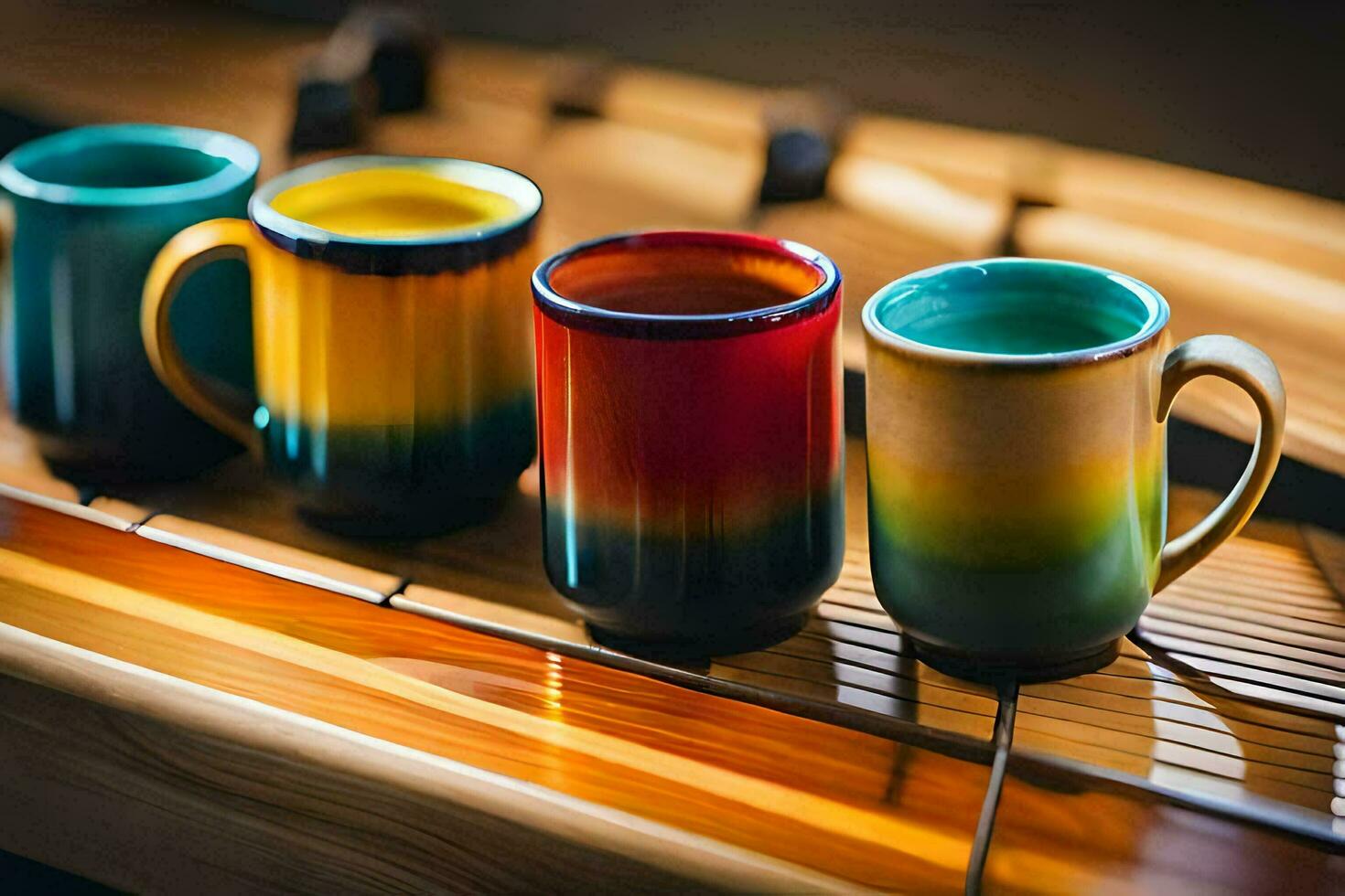 colorful mugs on a wooden table. AI-Generated photo