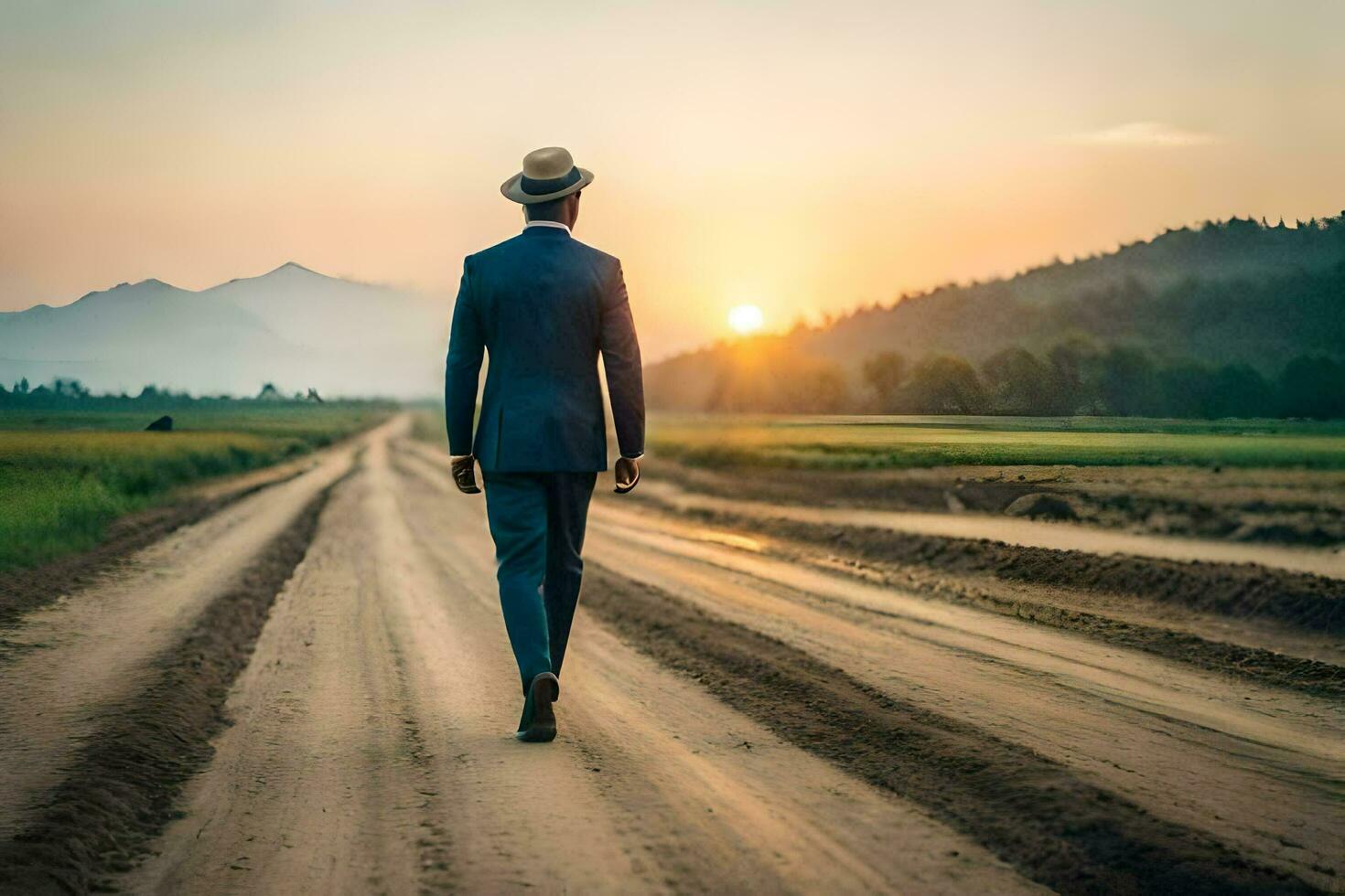 a man in a suit and hat walks down a dirt road. AI-Generated photo