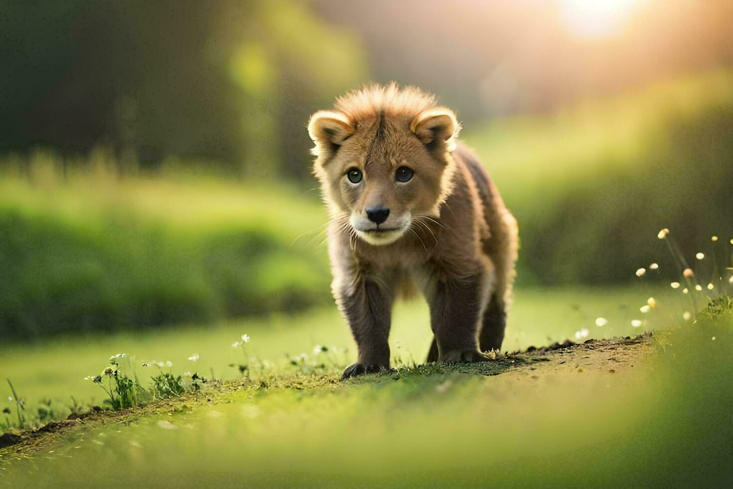 a lion cub walking through a field at sunset. AI-Generated photo