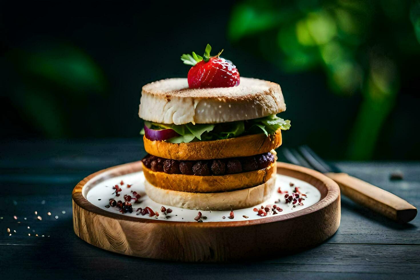 a hamburger with a strawberry on top. AI-Generated photo