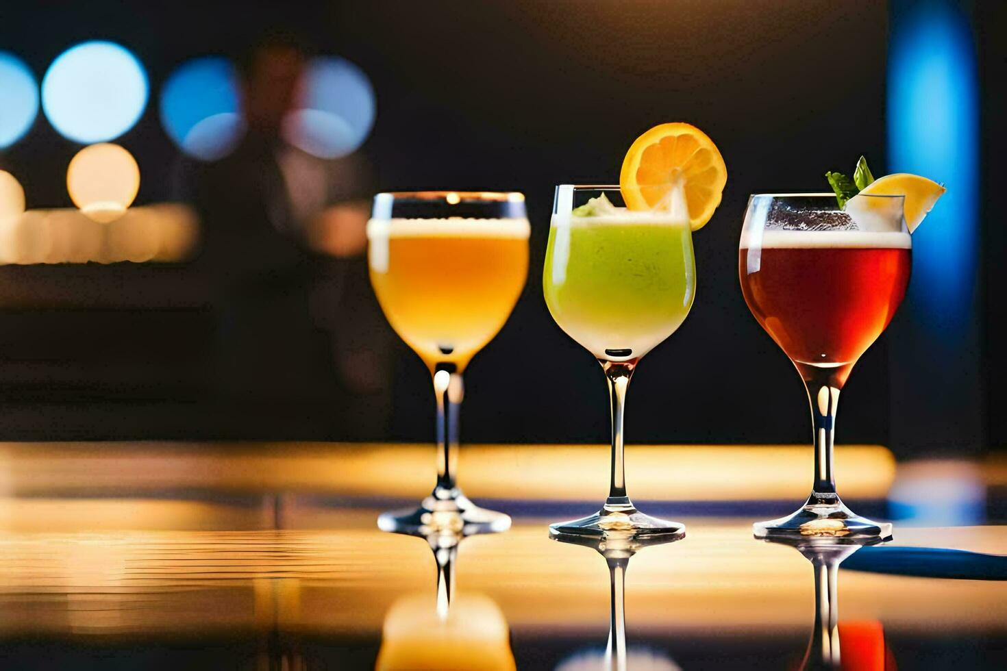 three different types of alcoholic drinks on a bar counter. AI-Generated photo