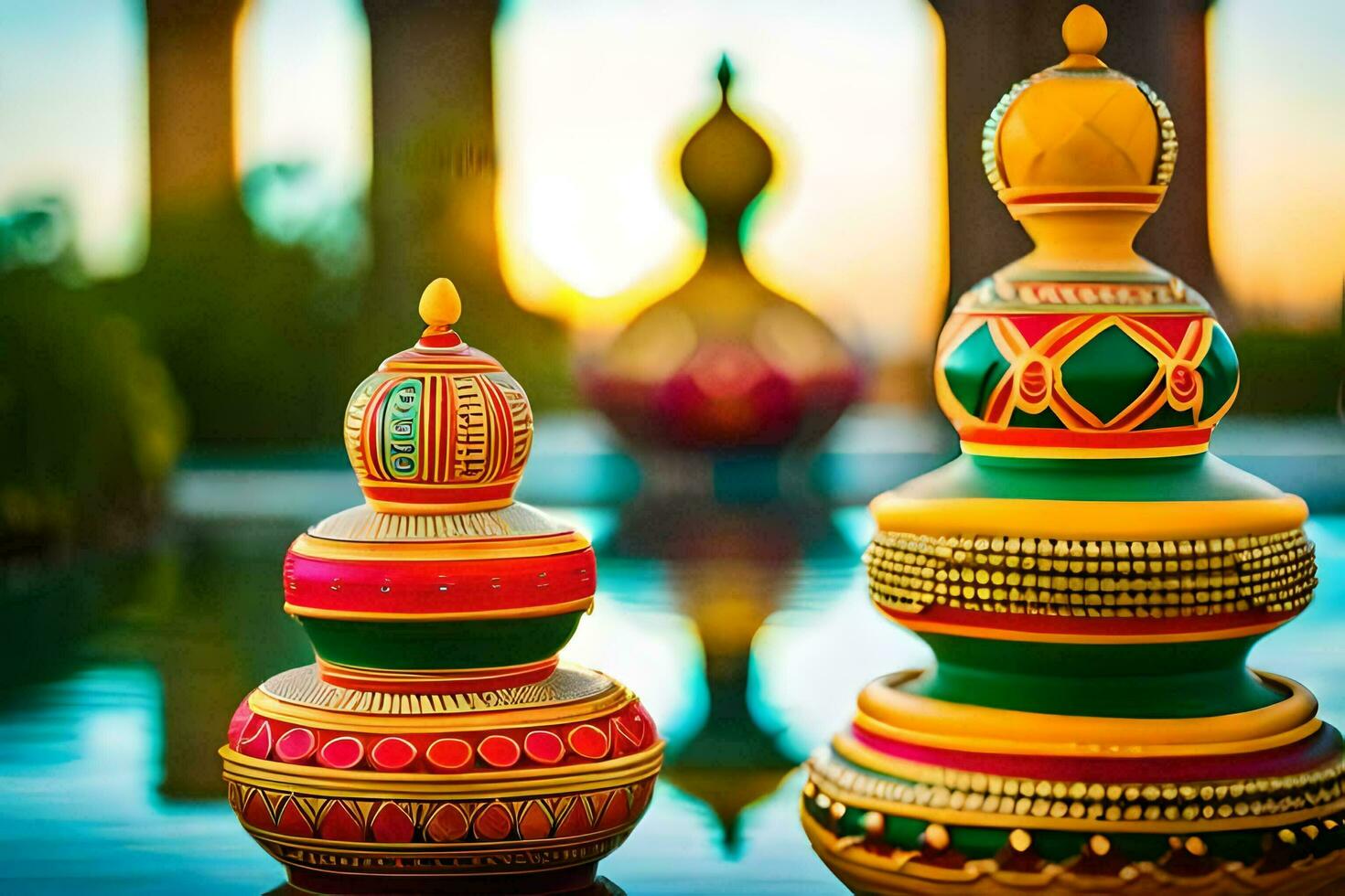 colorful decorative vases sit on the edge of a pool. AI-Generated photo