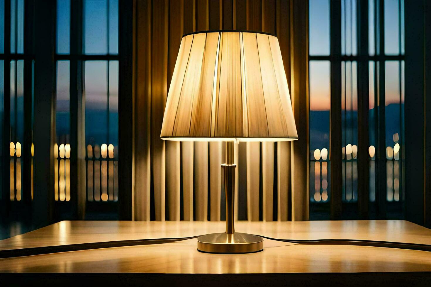 a lamp on a table in front of a window. AI-Generated photo