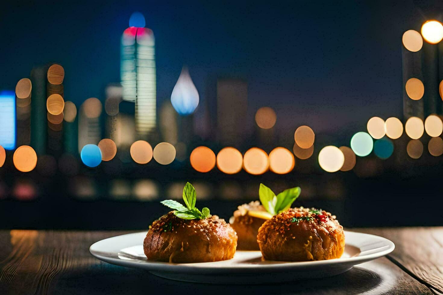 two food items on a plate with a cityscape in the background. AI-Generated photo