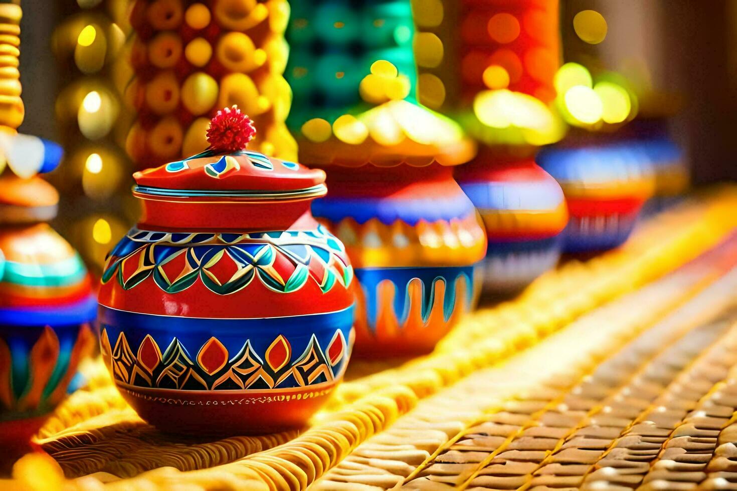 colorful pots and vases are lined up on a table. AI-Generated photo