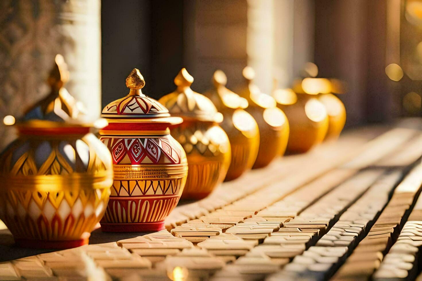 golden vases lined up on a brick walkway. AI-Generated photo