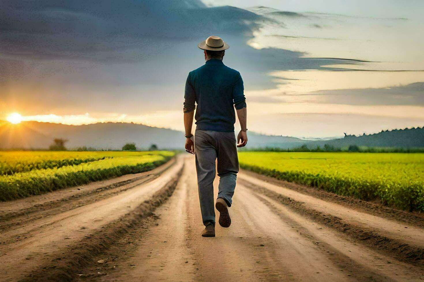 a man walking down a dirt road at sunset. AI-Generated photo