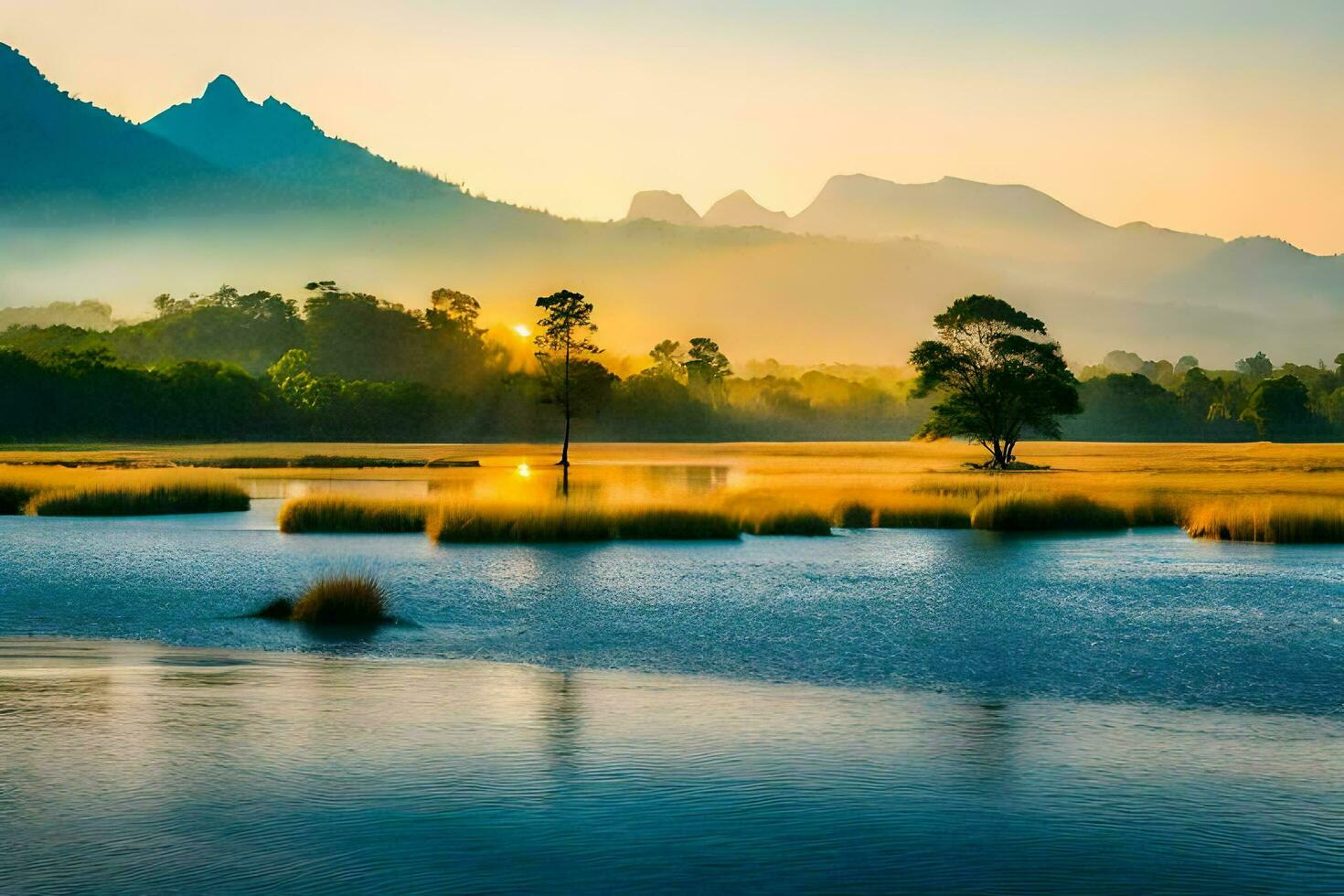 a lake in the mountains with trees and grass. AI-Generated photo