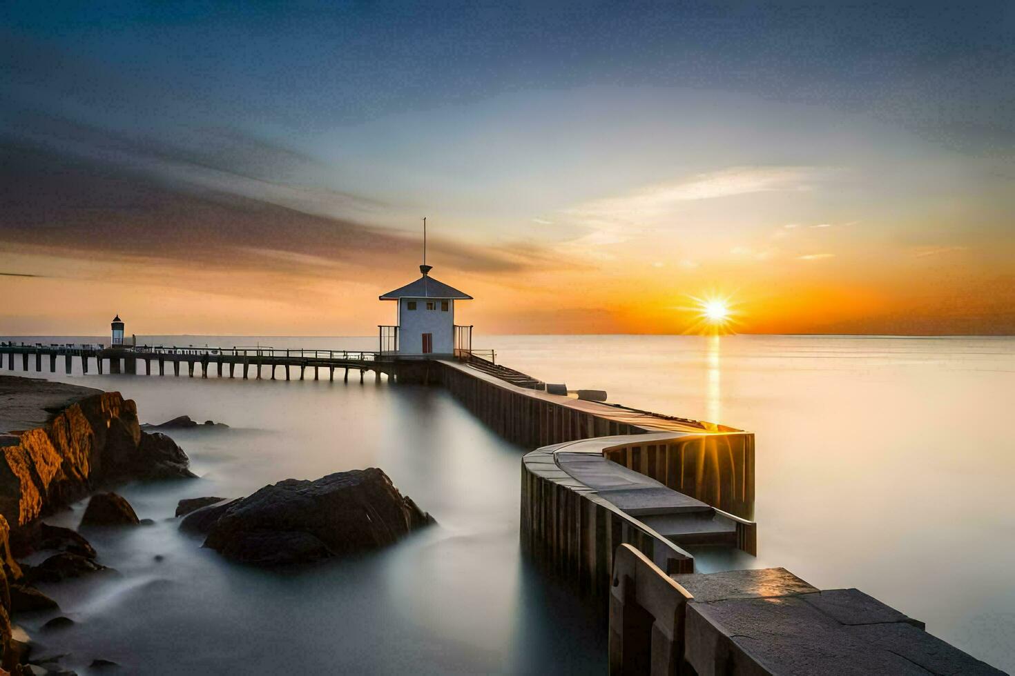 a long exposure photograph of a pier at sunset. AI-Generated photo