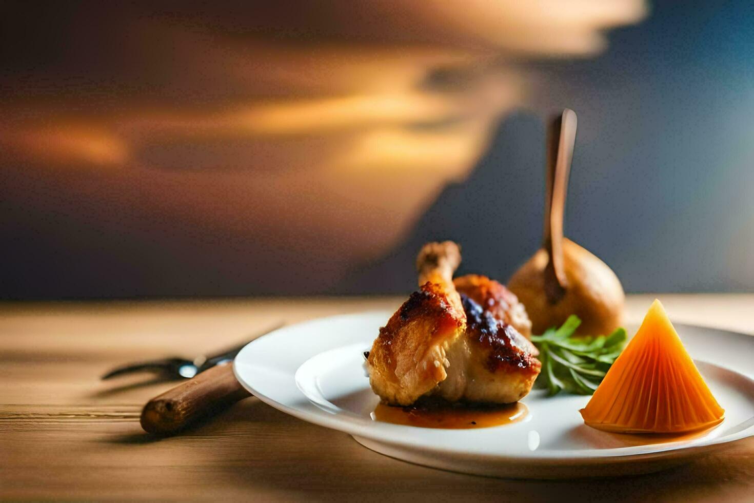 a plate with chicken and vegetables on a table. AI-Generated photo