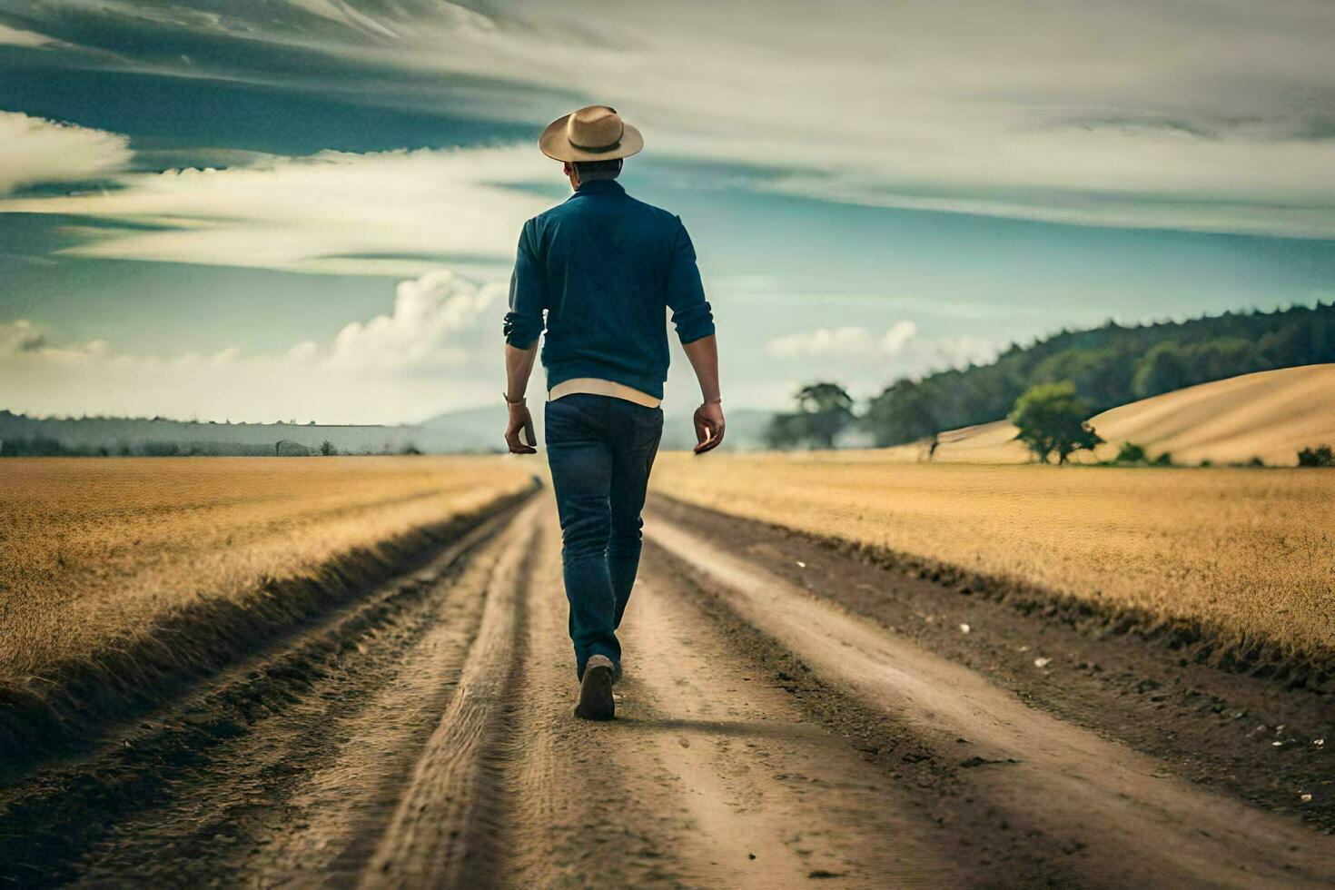 hombre caminando en un suciedad la carretera en el medio de un campo. generado por ai foto