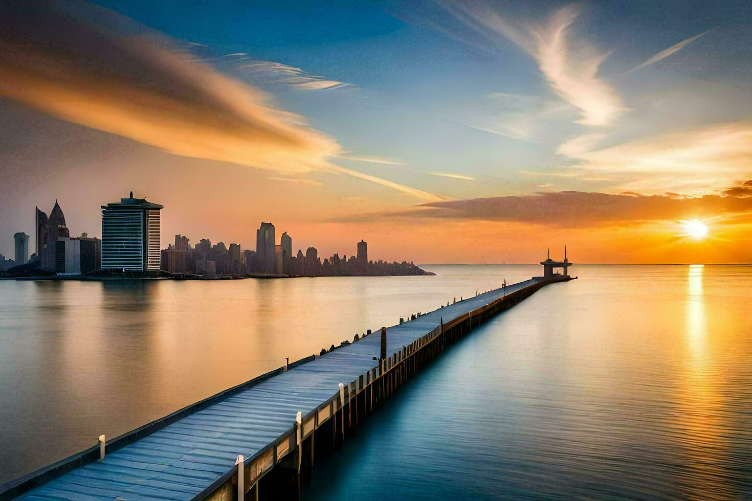 a pier in the middle of the ocean with a city skyline in the background. AI-Generated photo