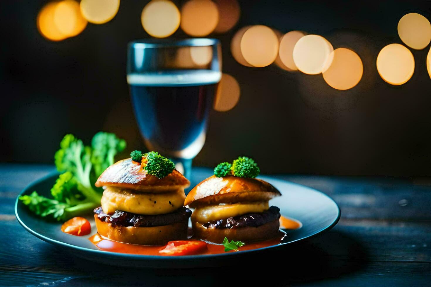 two burgers on a plate with a glass of beer. AI-Generated photo